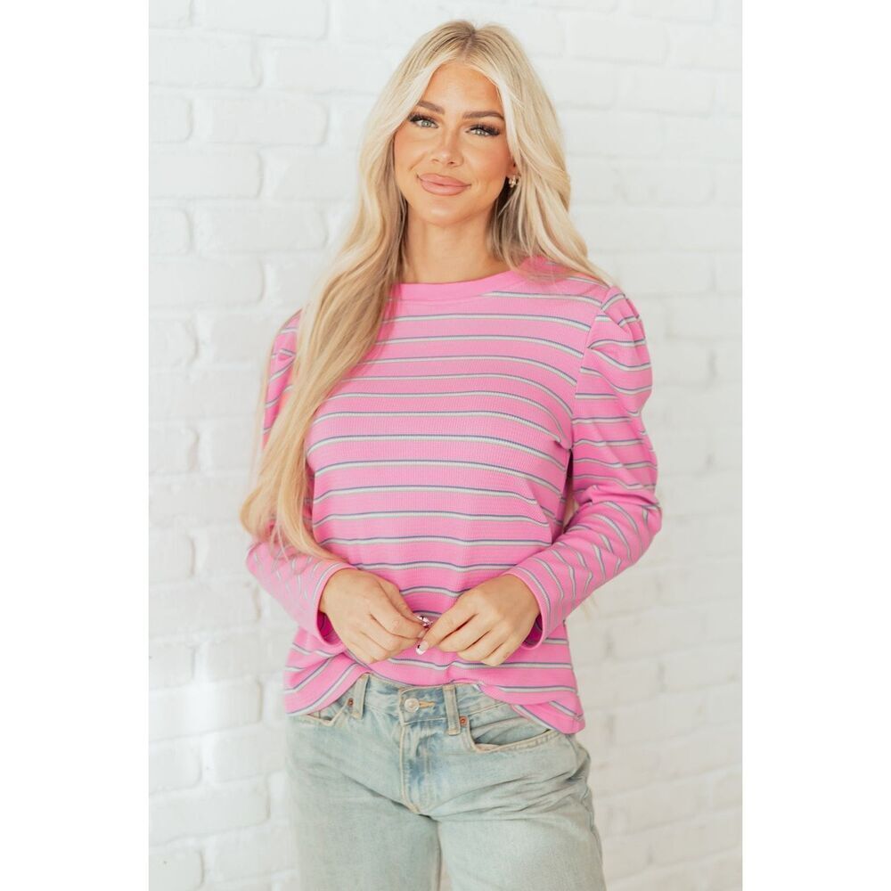 Voy pink stripe textured knit puffy sleeve cotton top size M